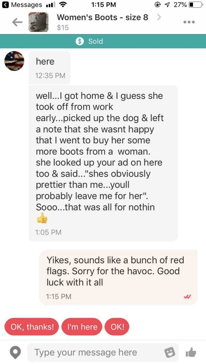 Funny bizarre screenshot of text conversation about buying women's boots and relationship drama
