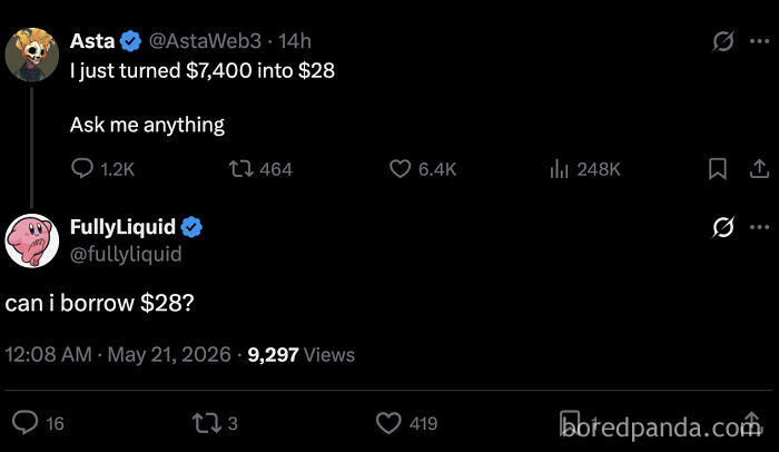 Hilarious tweet about turning $7,400 into $28 with replies