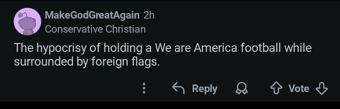 Funny screenshot mocking hypocrisy at a We are America football event