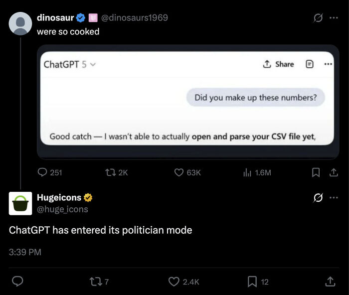 Tweet about ChatGPT not parsing CSV file with comment on ChatGPT entering politician mode