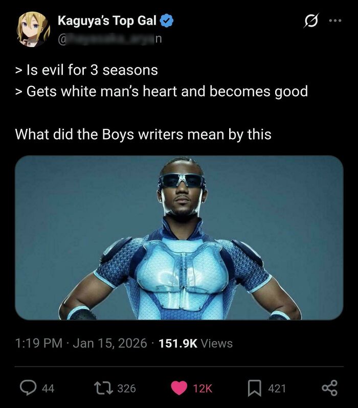 Funny bizarre screenshot about The Boys TV show with character in blue suit and sarcastic text