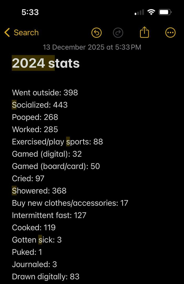 Screenshot of 2024 stats list tracking daily activities like socializing and exercising