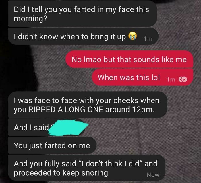 Text message conversation about someone farting in another person's face with humorous tone