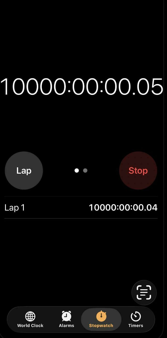 Screenshot of a stopwatch app displaying an impossible long time reading