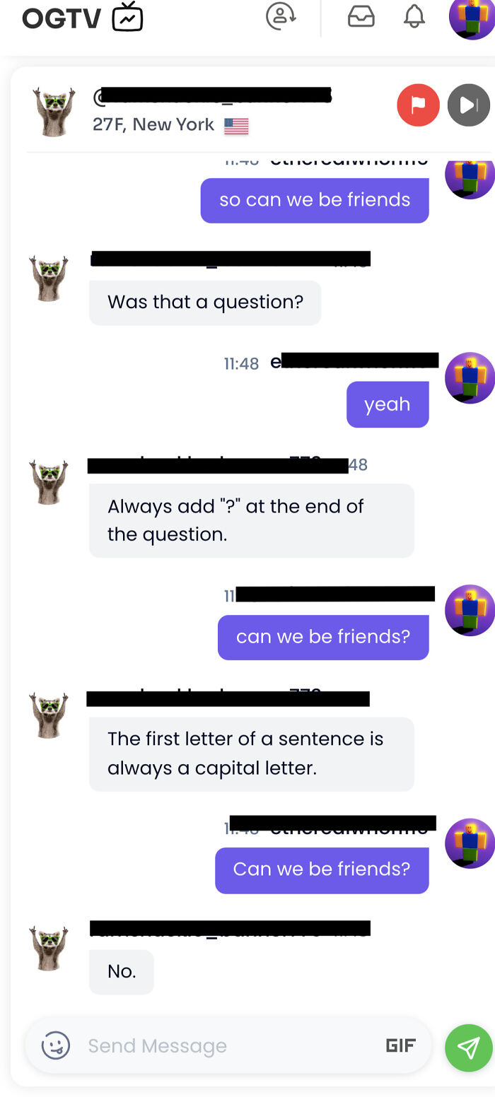 Screenshot of a chat conversation about proper question formatting on a social media app