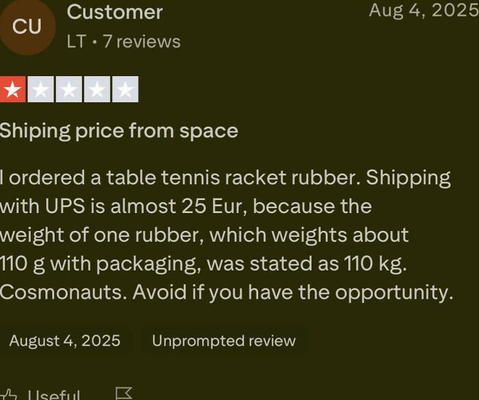 Screenshot of an online review complaining about excessive shipping costs for a table tennis racket rubber.