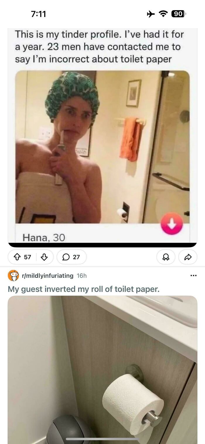 Humorous Tinder profile complaining about men correcting toilet paper orientation