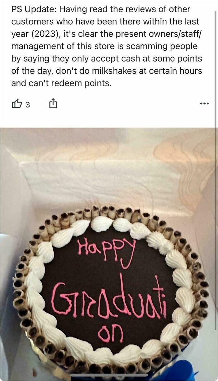 A chocolate cake with 'Happy Graduation' written on it, accompanying an online review about a scamming store.