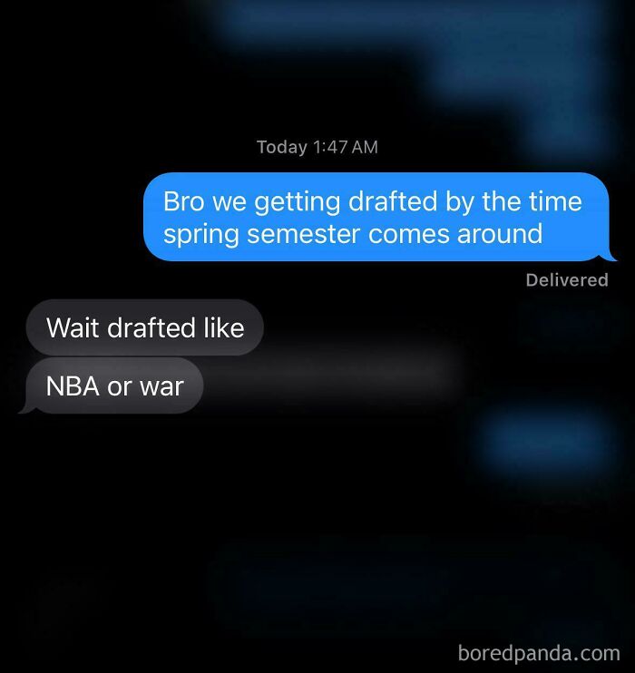 Text message joke about being drafted for NBA or war screenshot