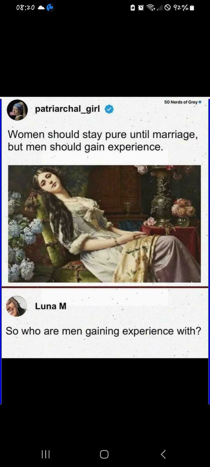 Funny patriarchal girl tweet on men gaining experience before marriage screenshot