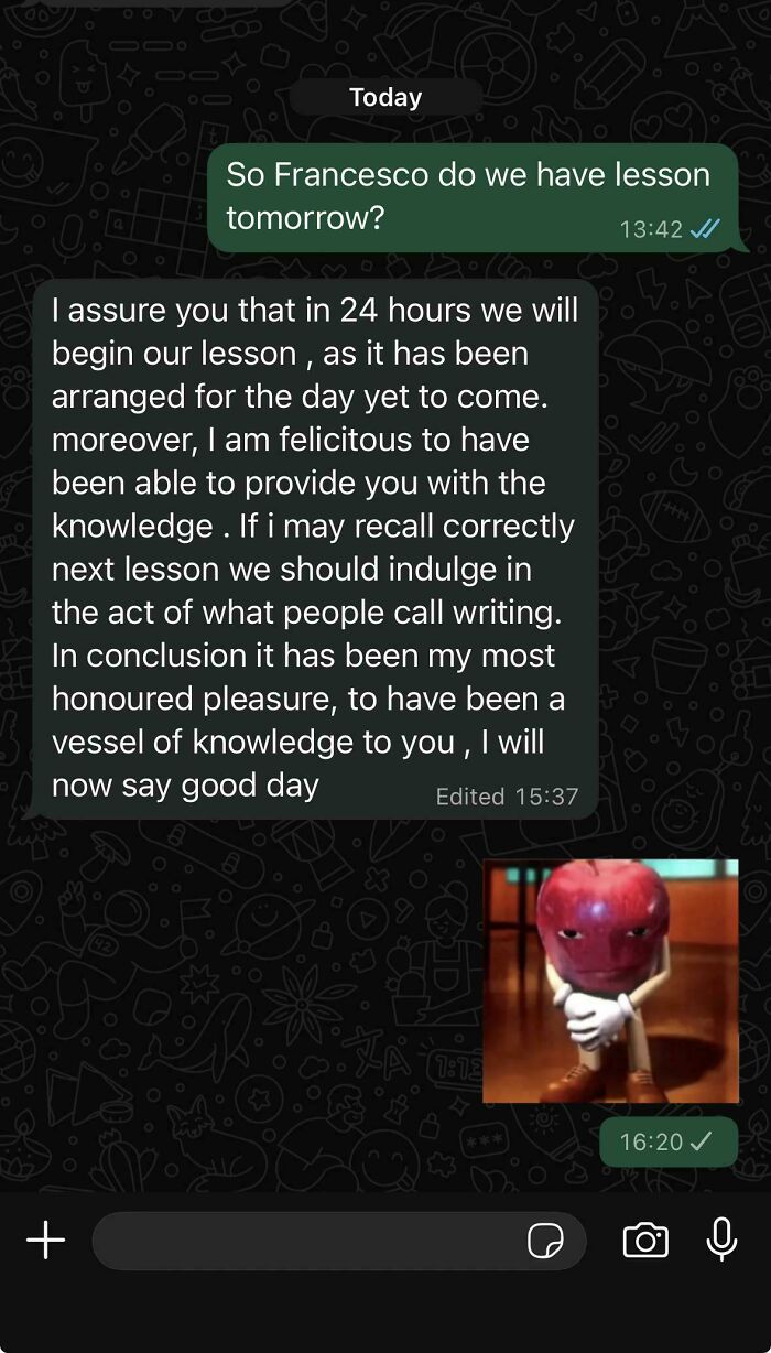 Formal WhatsApp text about lesson with apple character sticker