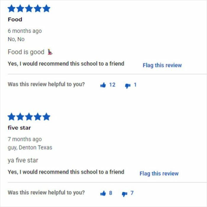 Funny online reviews: Two short, humorous five-star reviews for a school's food and overall experience.