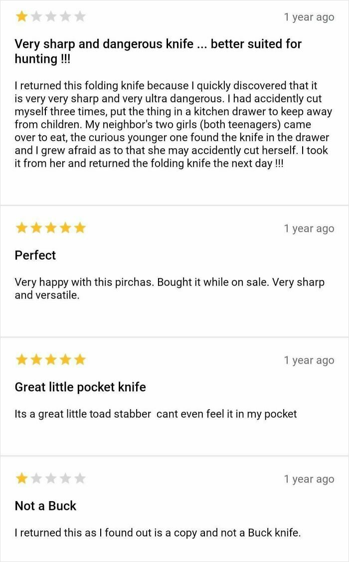 Funny online reviews about a dangerous folding knife, a perfect knife, a pocket knife, and a non-Buck knife.