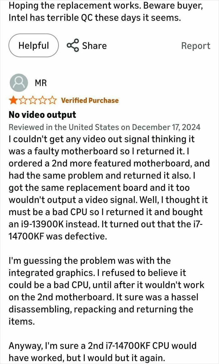 Funny online reviews featuring a customer's frustration with a CPU that had no video output.
