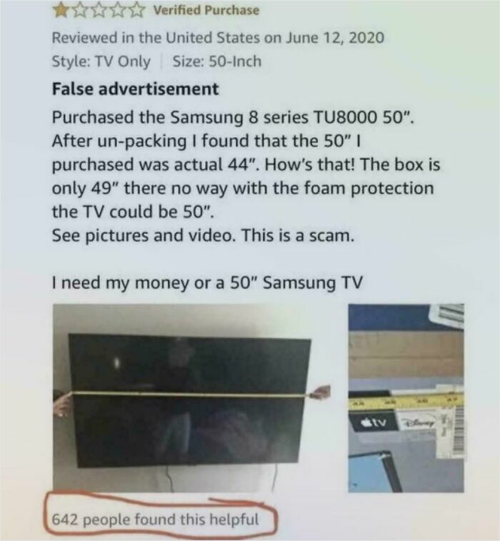 Funny online reviews: An Amazon customer complains about a Samsung TV being advertised as 50-inch but actually measuring 44-inch.