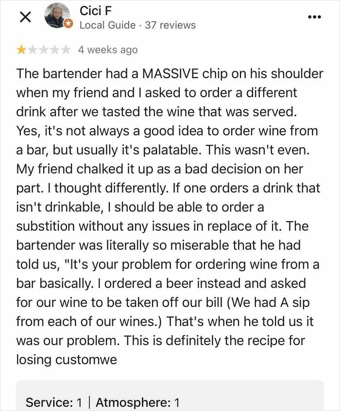 Funny online reviews: A disgruntled customer shares an experience with a bartender who was rude about ordering wine.