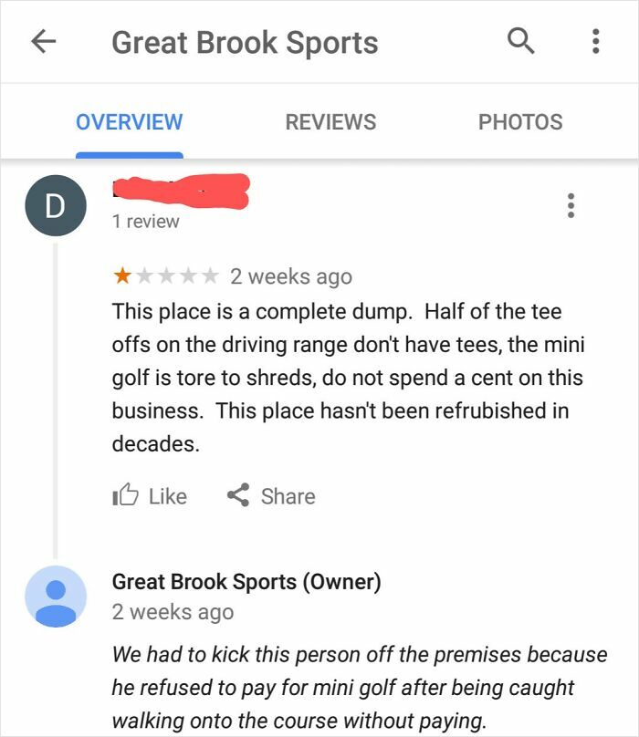 Funny online reviews: A customer leaves a one-star review for Great Brook Sports, saying it's a complete dump, with the owner responding.