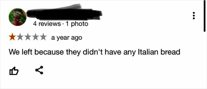 Screenshot of a funny online review giving one star because the restaurant didn't have Italian bread.