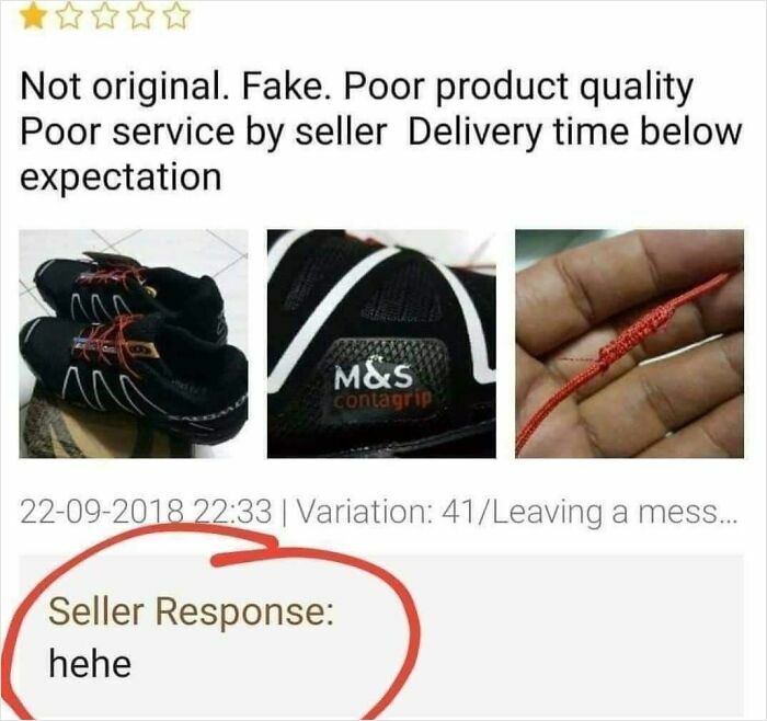 Screenshot of a funny online review of fake shoes with poor quality, showing a seller's response saying hehe.