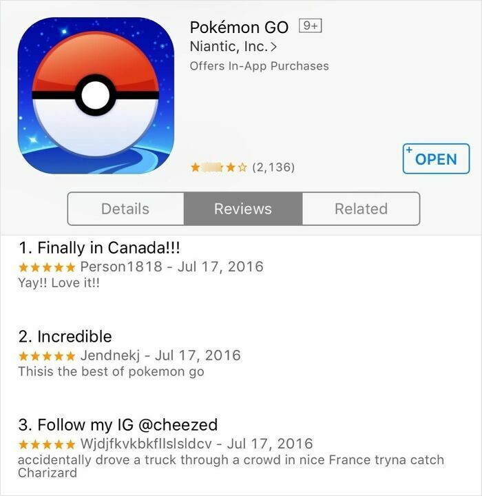 Screenshot of funny online reviews for Pokémon GO, including one where the user accidentally drove a truck through a crowd.