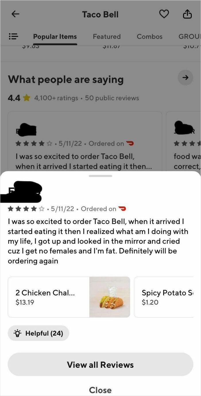 Screenshot of a funny online review for Taco Bell where the user cries about being fat and having no females.