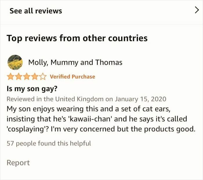 A funny online review asking Is my son gay? due to his cosplay of kawaii-chan with cat ears.