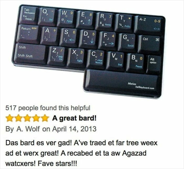 A funny online review for a tiny keyboard, with a poorly spelled but positive review by A. Wolf.