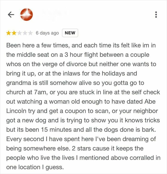 A funny online review describing a dreadful experience that feels like a 3-hour flight between a divorcing couple.