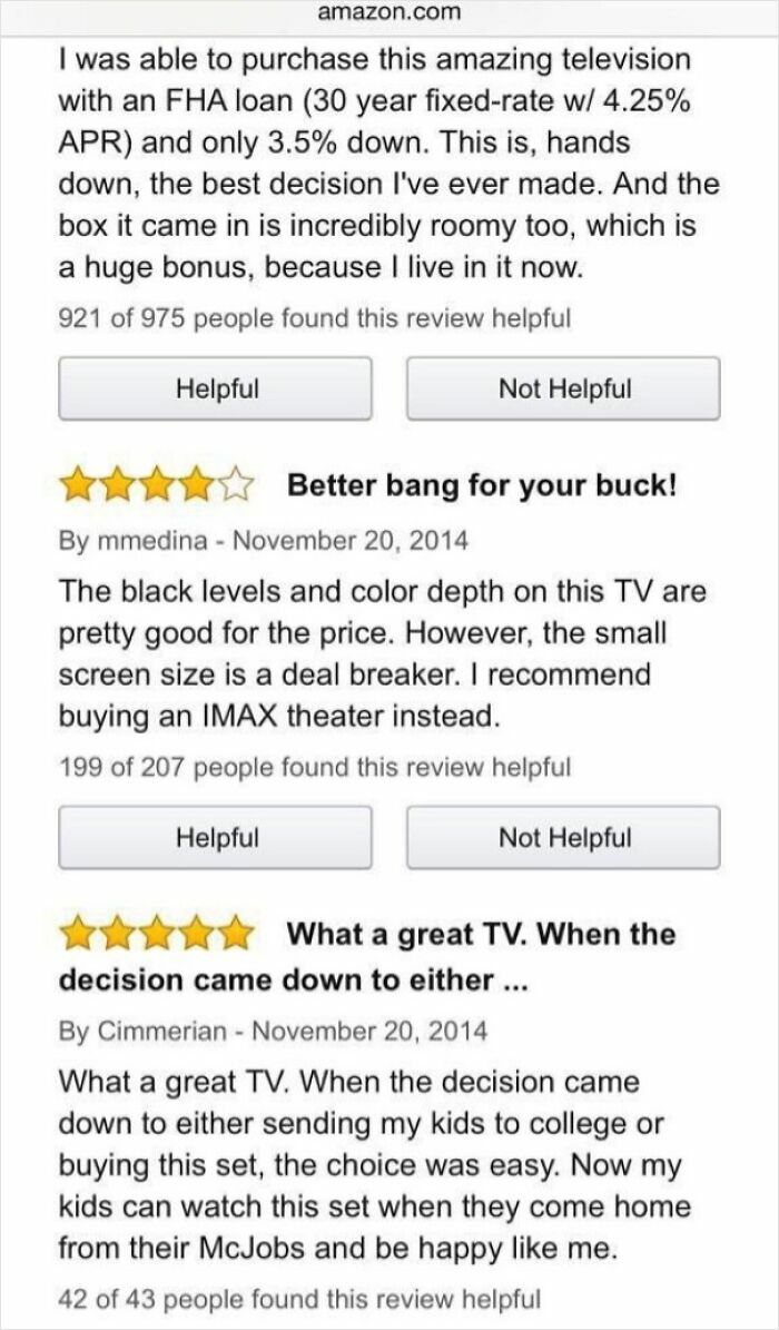 A funny online review for a TV, stating the box is roomy enough to live in, and another review about choosing between college and the TV.