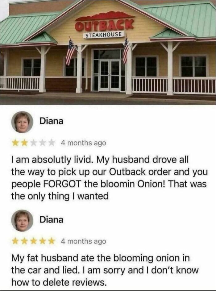 A funny online review for Outback Steakhouse, with a customer updating their complaint after discovering their husband ate the blooming onion.