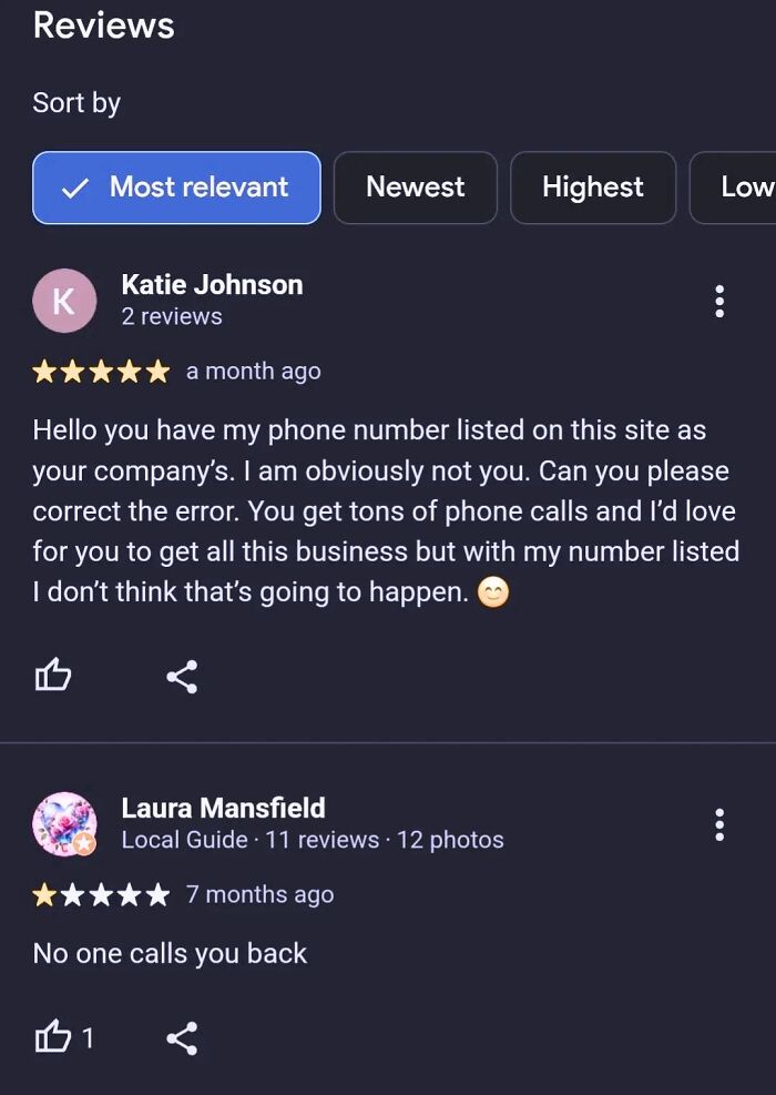 Funny online reviews, one customer frustrated by their phone number being listed as a company's, another complaining about no callbacks.