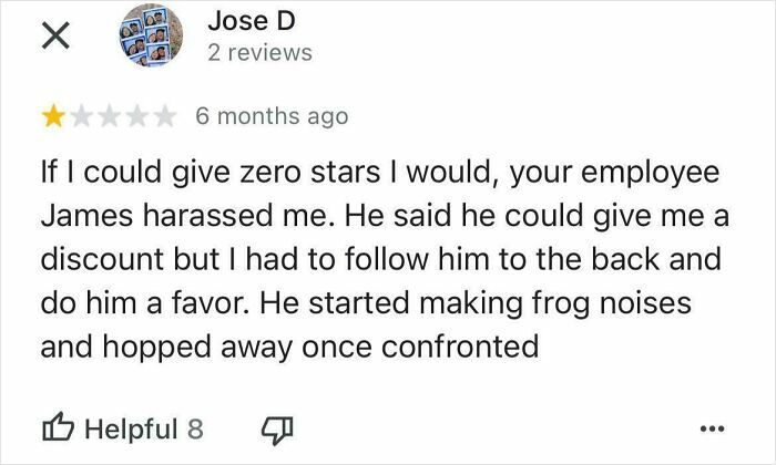 Funny online review from Jose D describing a bizarre encounter with an employee making frog noises.