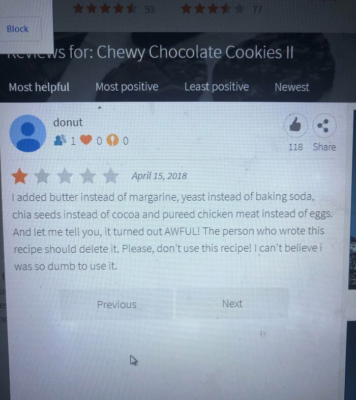 A funny online review for a chocolate chip cookie recipe where the user substituted many ingredients.
