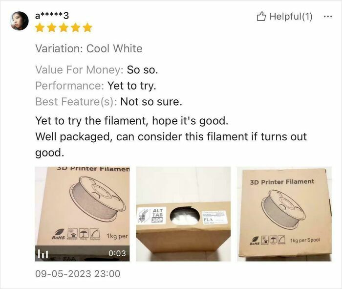 Funny online reviews: A customer review with three images of a 3D printer filament product.