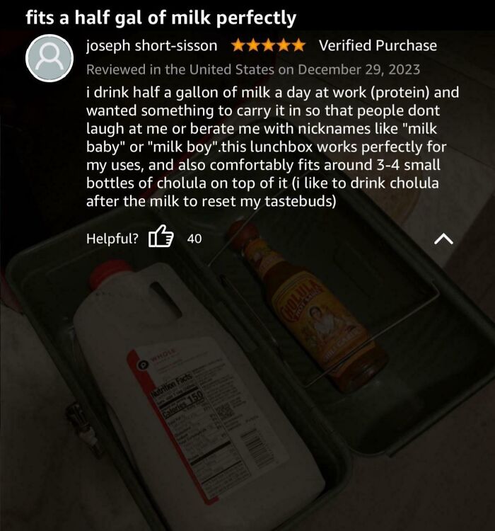 Funny online review about a lunchbox perfectly fitting a half gallon of milk and Cholula hot sauce.