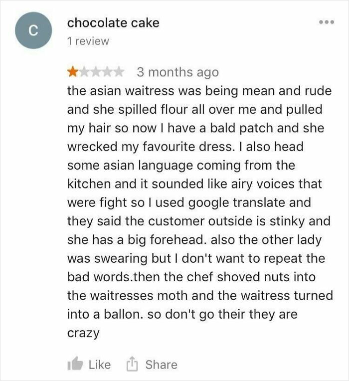 Humorous online review describing a chaotic experience with a waitress and chocolate cake.