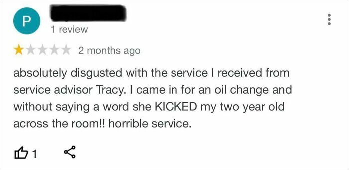 Amusing online review detailing a terrible service experience where a service advisor allegedly kicked a two-year-old.