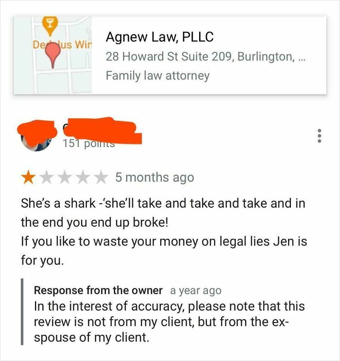 Funny online review for a family law attorney, with a response from the owner clarifying the reviewer's identity.