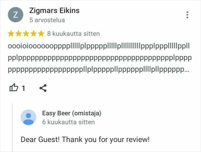A funny online review with gibberish text and a polite owner response.