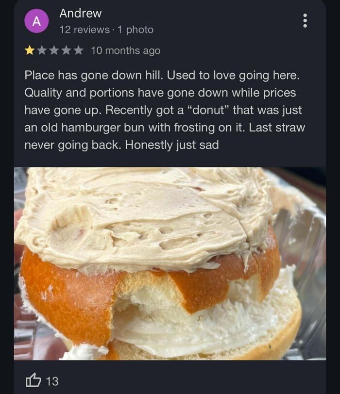 An image showing a funny online review of a hamburger bun with frosting called a donut.