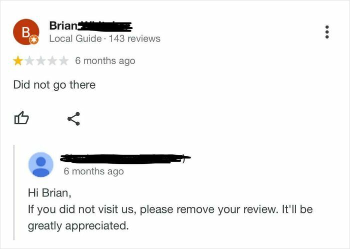 A funny online review where a user posted they 'did not go there,' prompting the owner to ask them to remove the review.