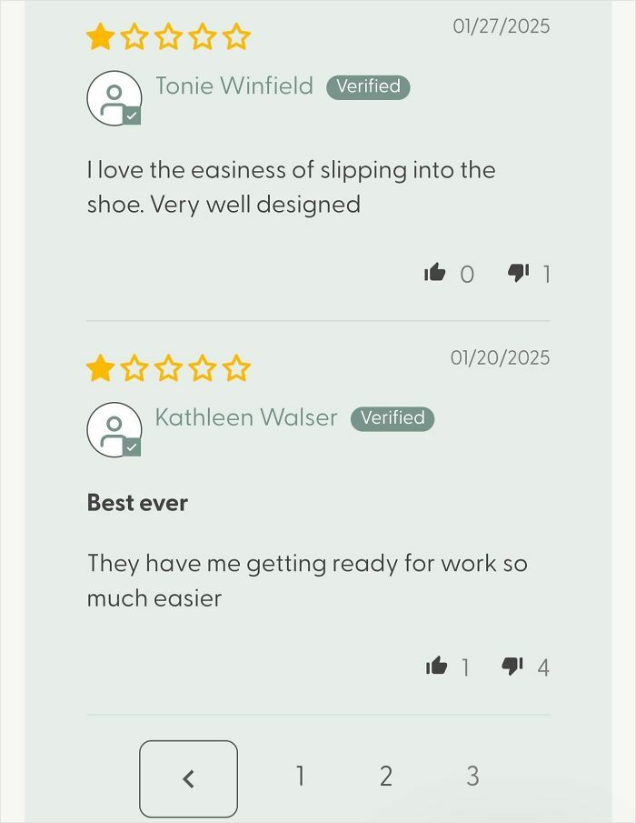 Screenshot of two positive funny online reviews, one praising shoe design and the other ease of getting ready for work.