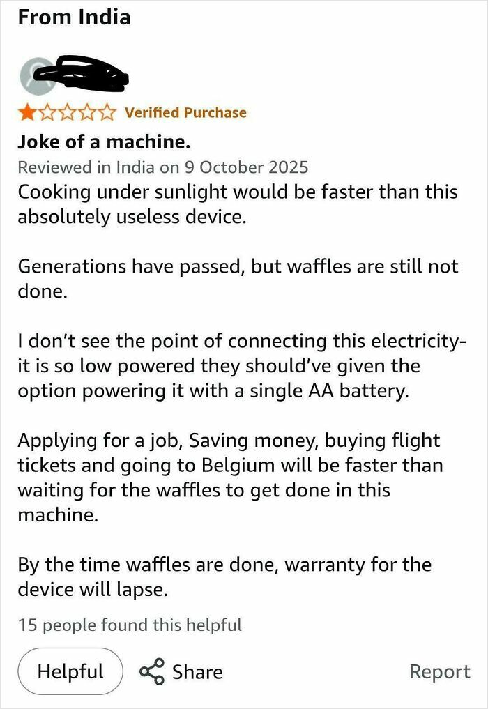 Screenshot of an online review about a funny product, showing a user rating the item one star with the title, Joke of a machine, and detailing how slow and useless it is. This funny online review is part of a list of funny online reviews.