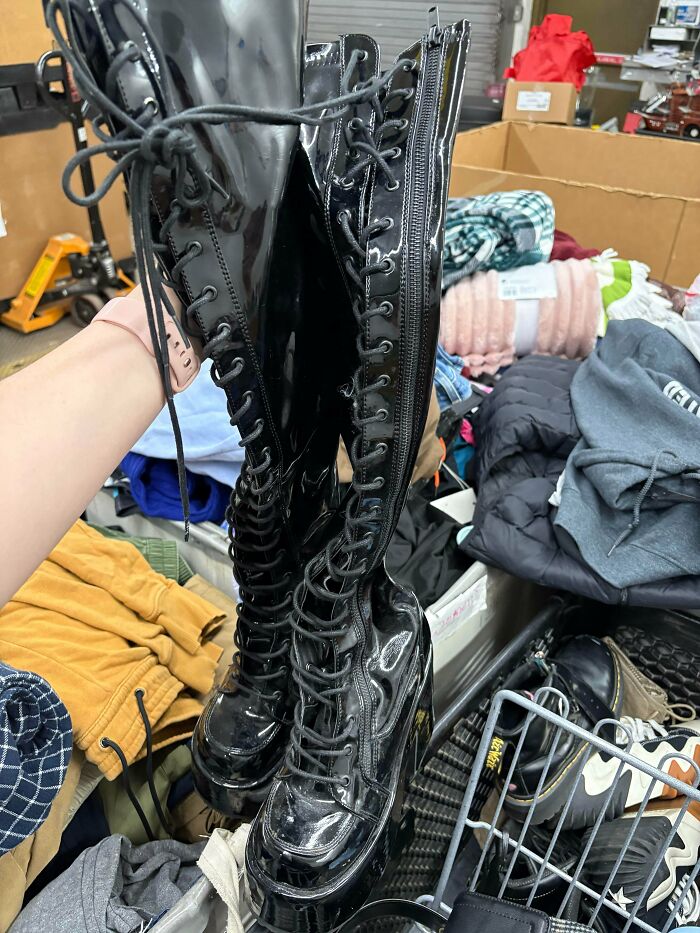 Black shiny lace-up platform boots thrifted at Goodwill