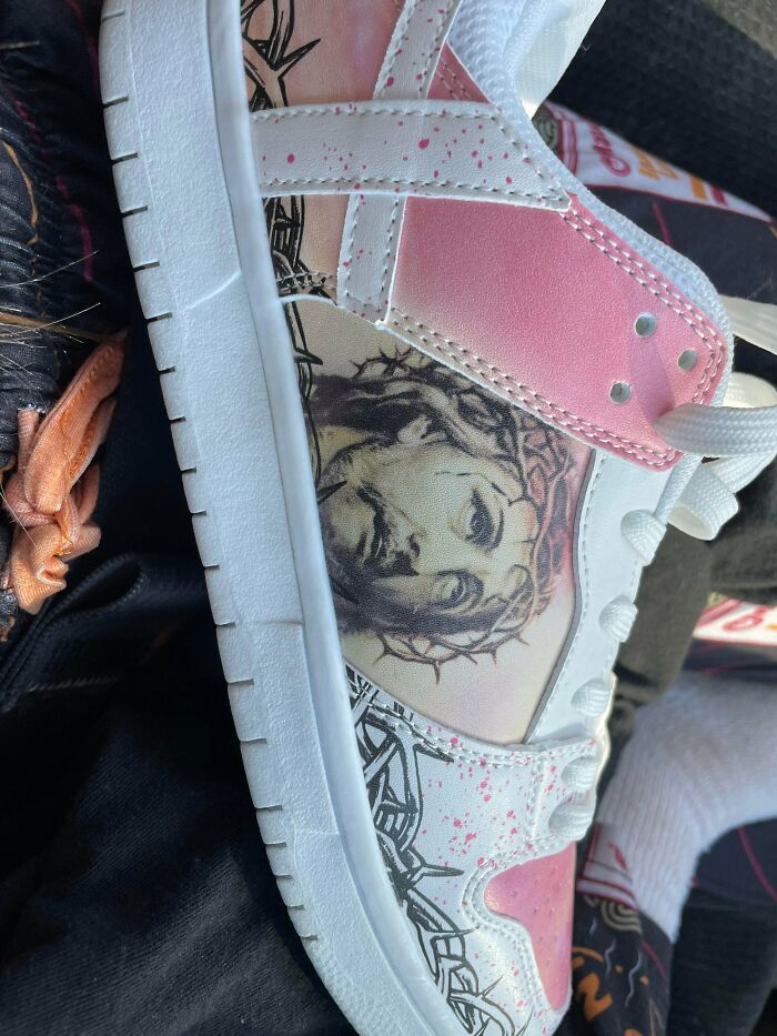 Custom sneakers with Jesus face and crown of thorns found at thrift store
