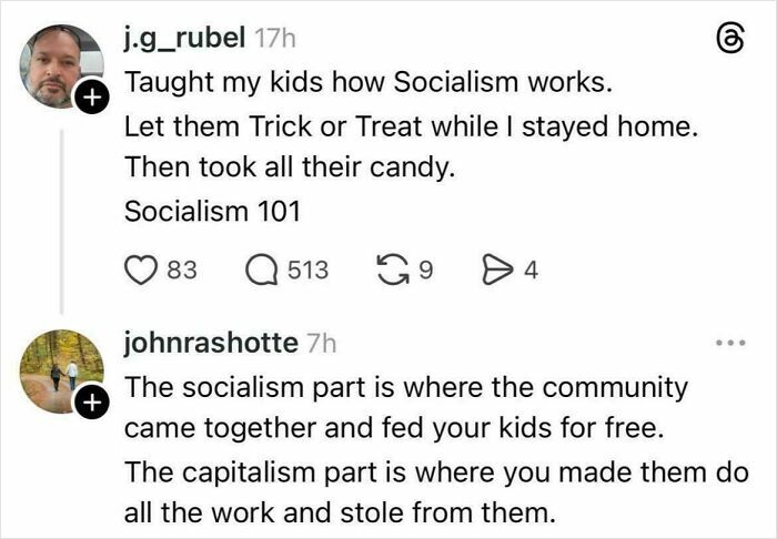 Tweets explaining socialism feeding kids versus capitalism making kids do work and stealing