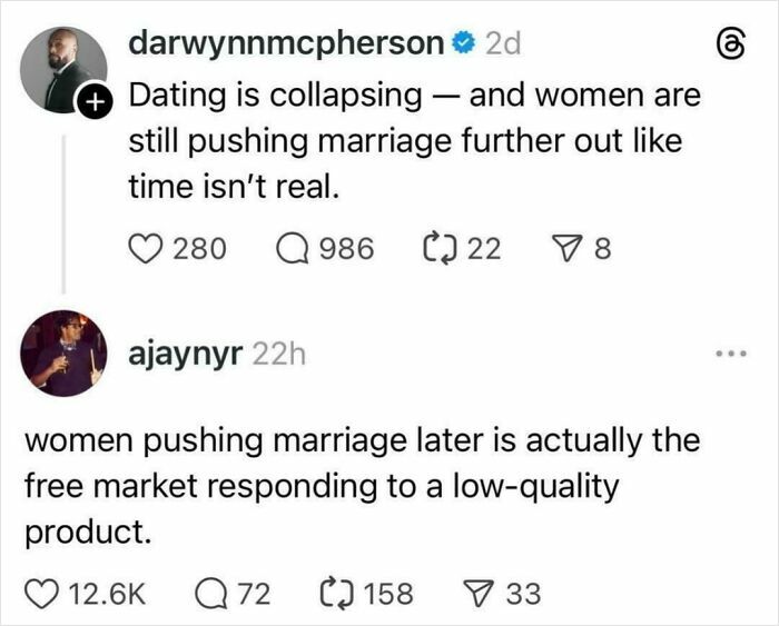 Tweet discussing dating collapse and women pushing marriage later in free market