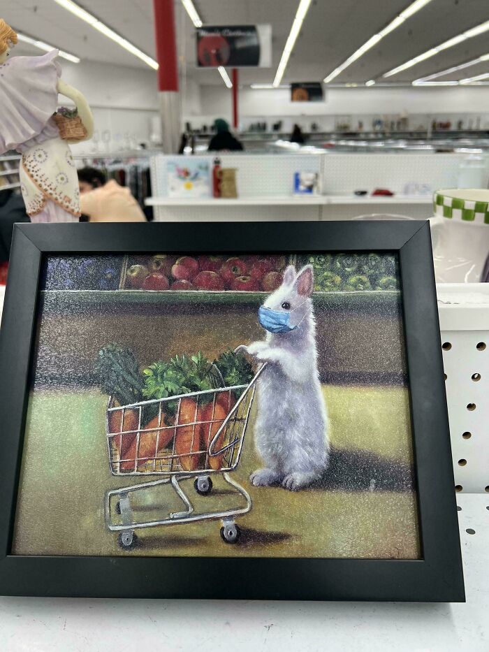 Framed thrift store art of a bunny in face mask pushing a shopping cart with carrots