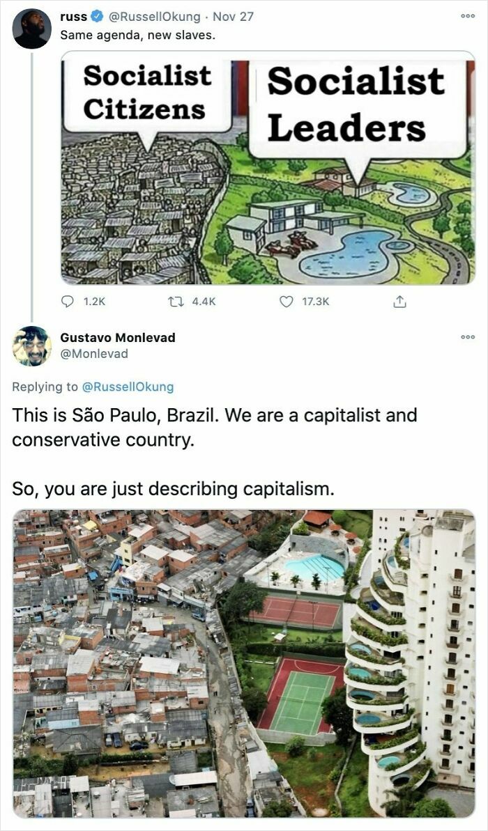 Comparison image showing stark contrast between socialist citizens and leaders with example from São Paulo capitalism