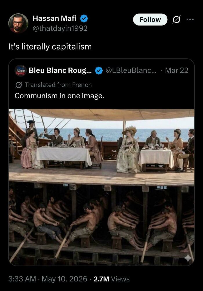 Image illustrating capitalism with wealthy elites dining while workers row below deck